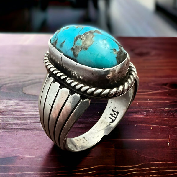 Turquoise Wide Sterling Band Ring- Size 9.5