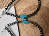 Western Cross Earrings with Faux Turquoise & Pearl Teardrops — 2½" Drop