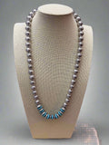 Western Faux Stamped Sterling Pearl Necklace with Saucers & Turquoise — 24 Inch