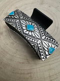 Western Faux Turquoise & Stamped Silver Hair Claw Clip — 3.5" Old West Statement