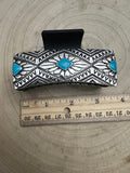 Western Faux Turquoise & Stamped Silver Hair Claw Clip — 3.5" Old West Statement