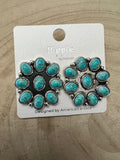 Western Faux Turquoise Cluster Earrings — Oxidized Silver 1" Statement