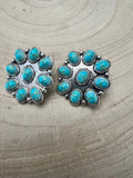 Western Faux Turquoise Cluster Earrings — Oxidized Silver 1" Statement