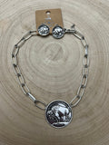 Silver Western Buffalo Coin Statement Choker & Earring Set — Oversized Coin Pendant
