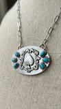 Western Spade Pendant Necklace with Faux Turquoise — 18 Inch Silver-Tone Statement