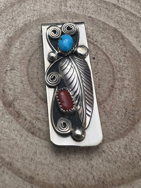 Wilbur Myers Coral, Turquoise & Sterling Silver Money Clip